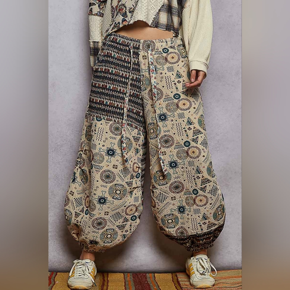 POL Beige Printed Boho Patchwork Harem Pants NWT - image 1